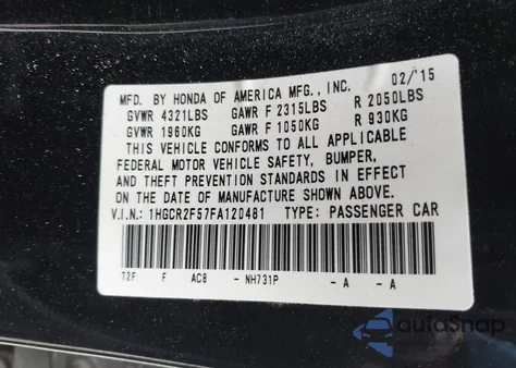 2015 Honda Accord Sport from USA, damaged, VIN 1HGCR2F57FA120481